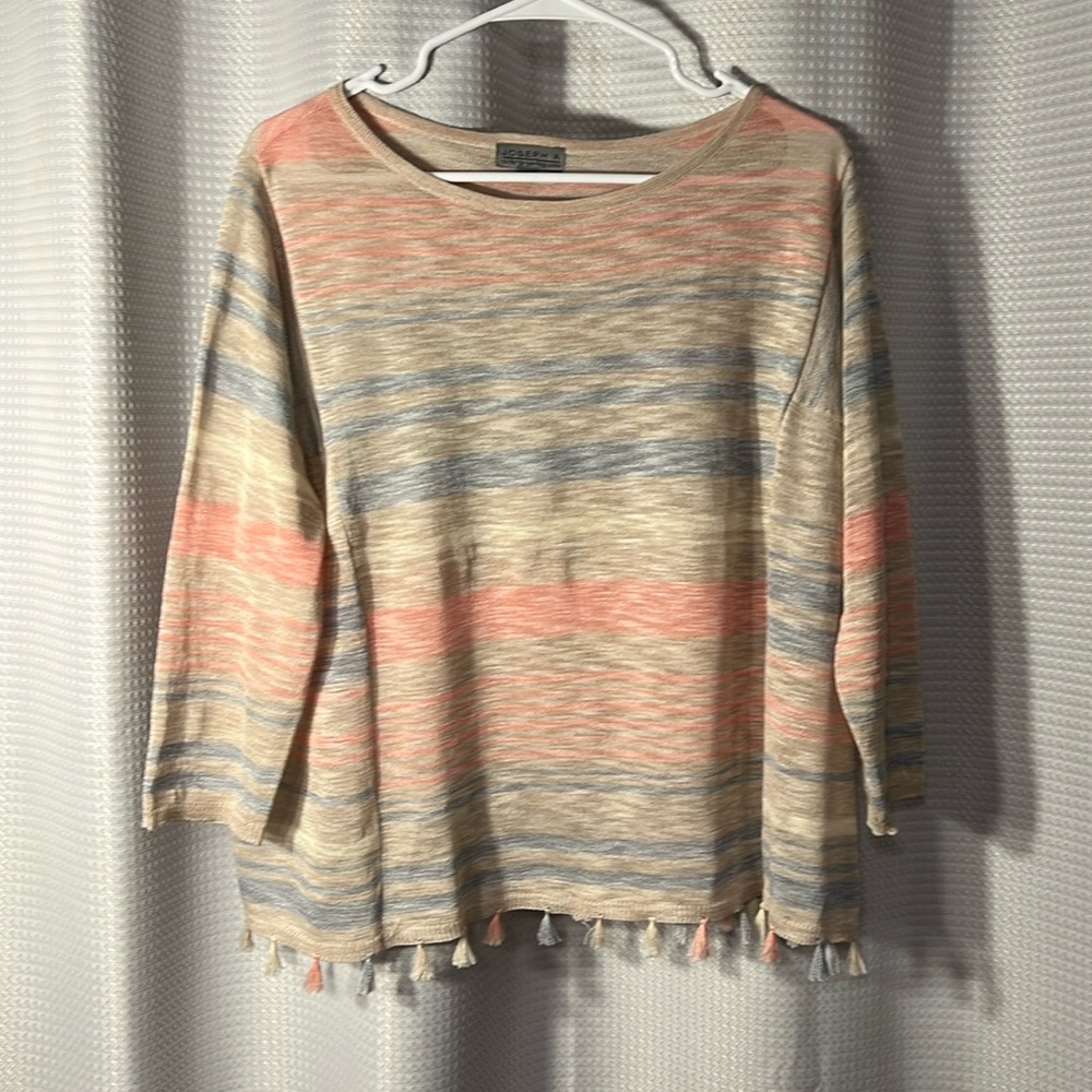 JOSEPH A Heathered Pastel Stripe Lightweight Tassel Fringe Sweater Size Medium